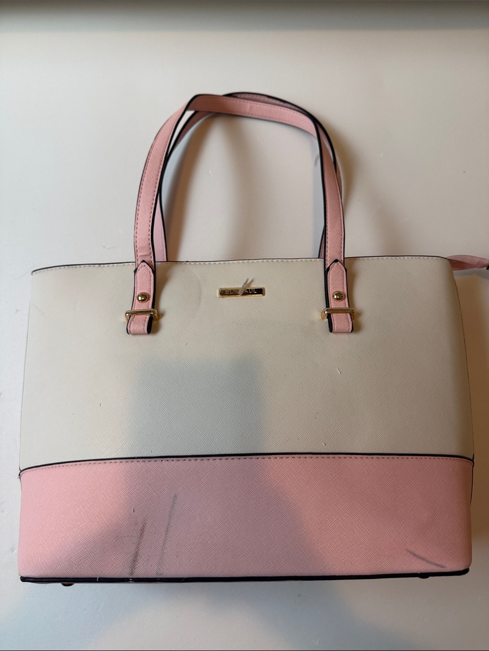 Two-Tone White and Pink Structured Tote with Gold Accents